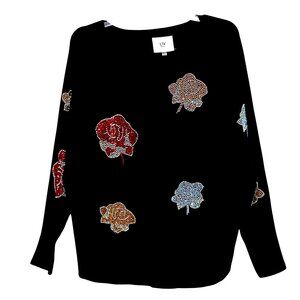 Liv Milano Rhinestone Roses Sweater L Black Western Glam Y2K Casual Chic Sparkly